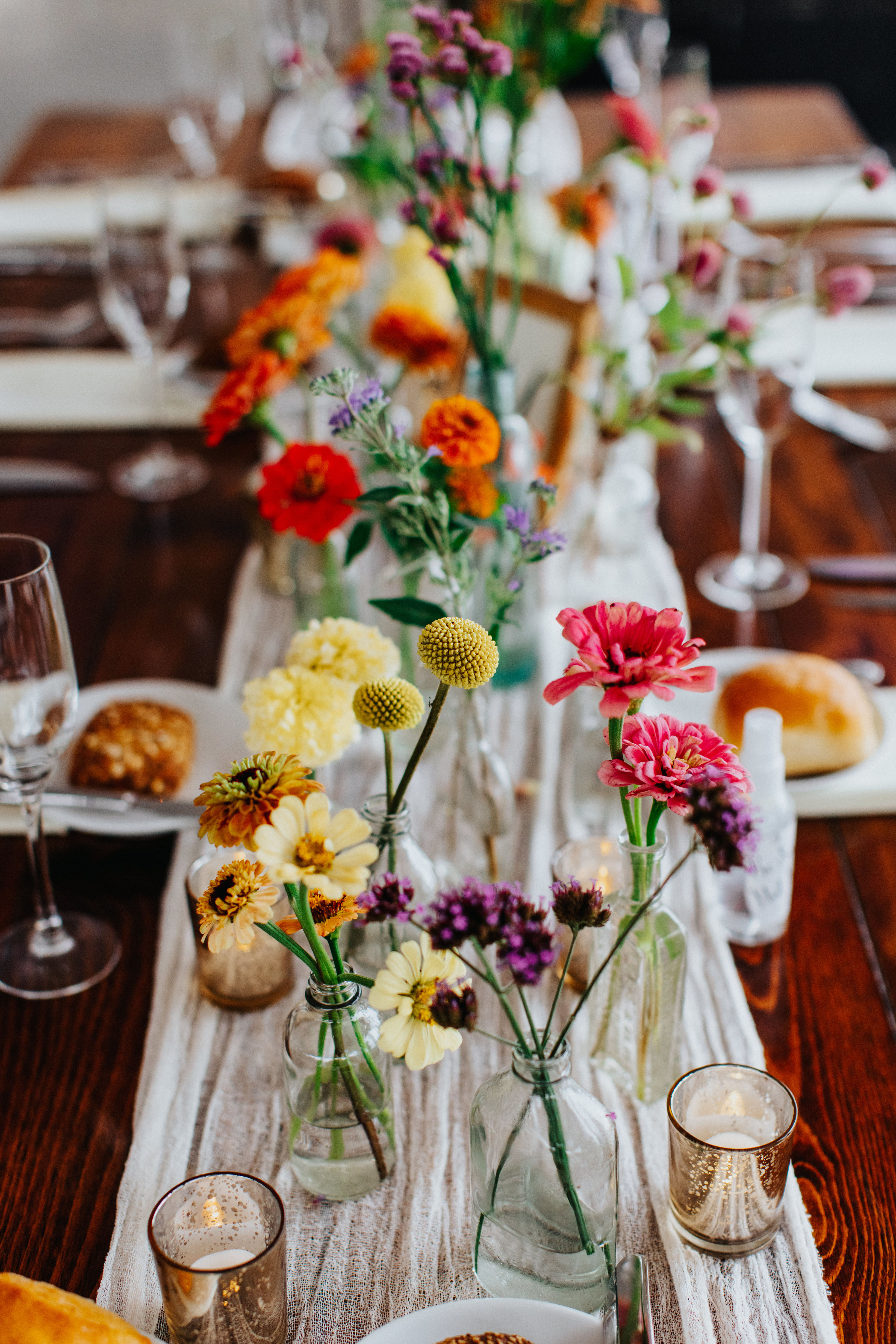 Rustic Table Decor with Bright Flowers